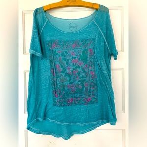 Lucky Brand sheer teal printed short-sleeved shirt with floral print, women’s L
